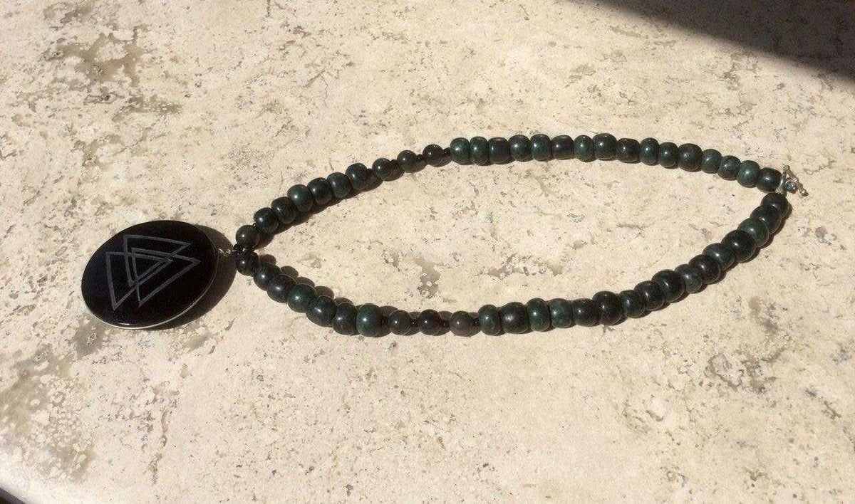 Fire Element pendant Necklace with Engraved Obsidian and Guatemalan Jade Beads - Rainbow Obsidian Gemstone Jewelry
