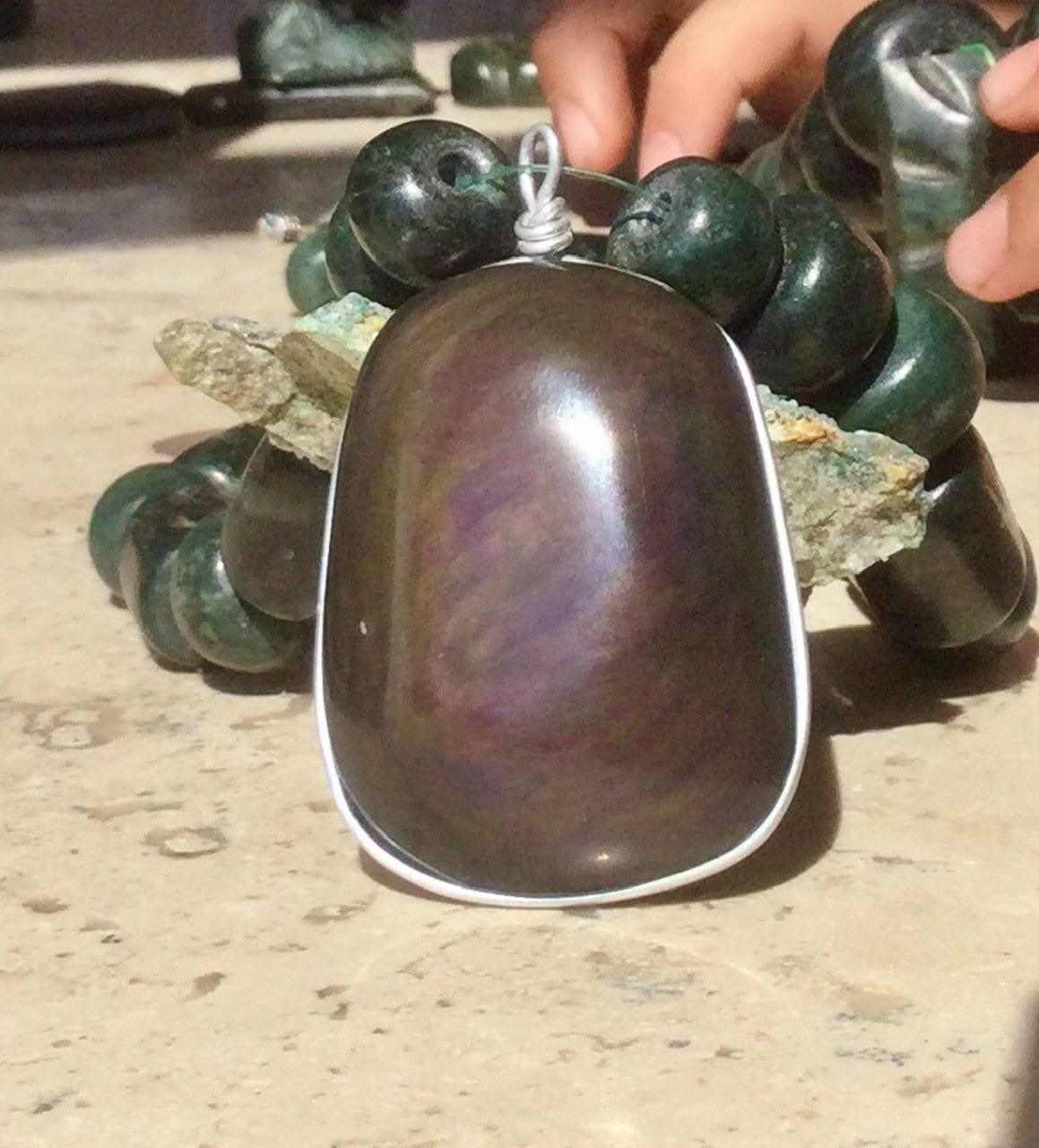 Velvet Obsidian Pendant - Rainbow Obsidian Necklace with Guatemalan Jade Beads, Huichol Jewelry