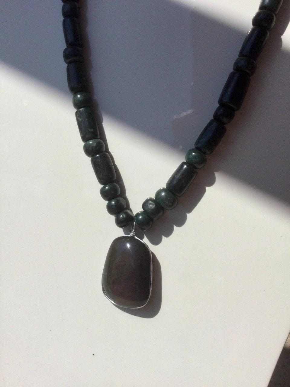 Velvet Obsidian Pendant - Rainbow Obsidian Necklace with Guatemalan Jade Beads, Huichol Jewelry