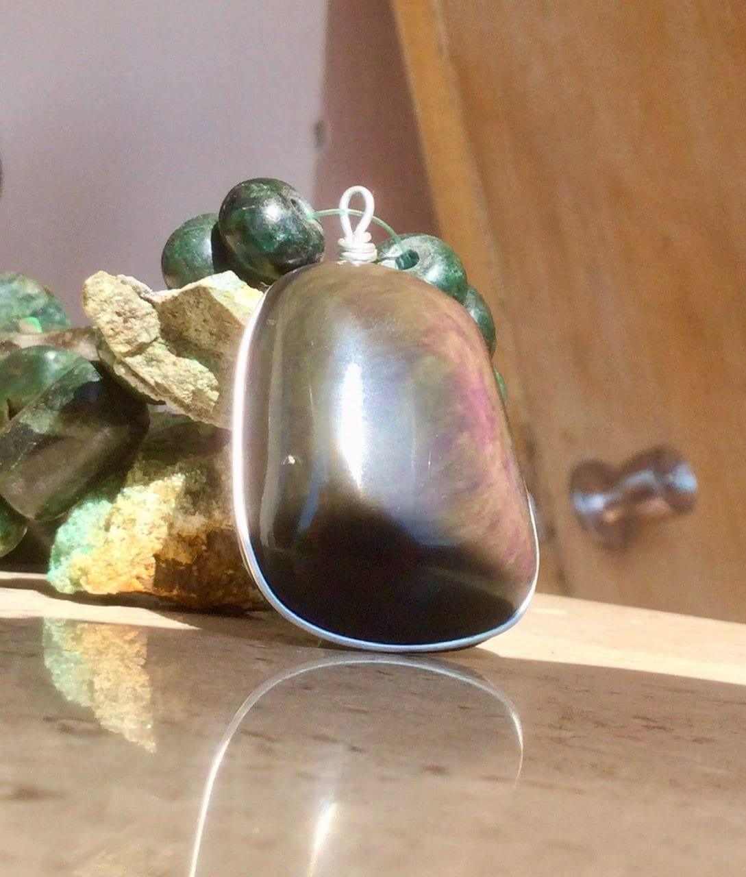 Velvet Obsidian Pendant - Rainbow Obsidian Necklace with Guatemalan Jade Beads, Huichol Jewelry