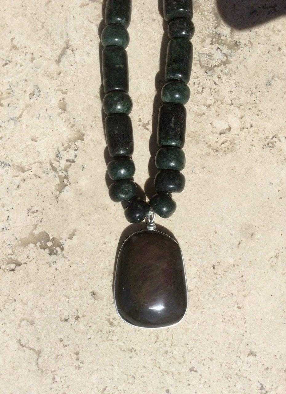 Velvet Obsidian Pendant - Rainbow Obsidian Necklace with Guatemalan Jade Beads, Huichol Jewelry