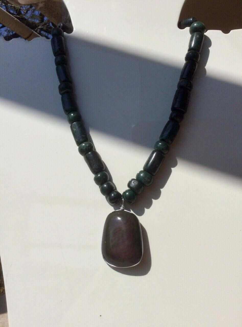 Velvet Obsidian pendant rainbow obsidian necklace jewelry with Guatemalan jade beads, manto huichol obsidian, mentogochol