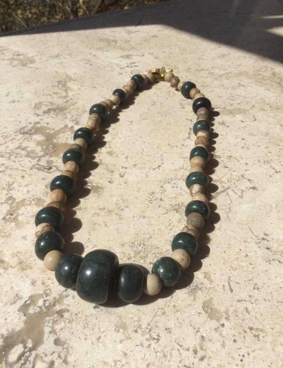 Dark Green Guatemalan Jade Necklace - Mayan Jewelry with Petrified Wood Beads, Handmade Gemstone Necklace