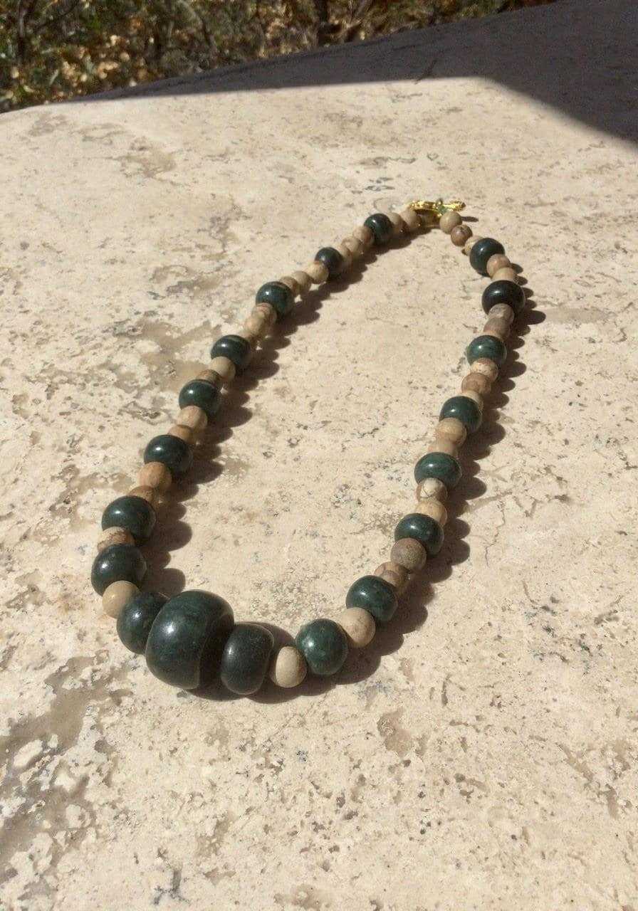 Dark Green Guatemalan Jade Necklace - Mayan Jewelry with Petrified Wood Beads, Handmade Gemstone Necklace
