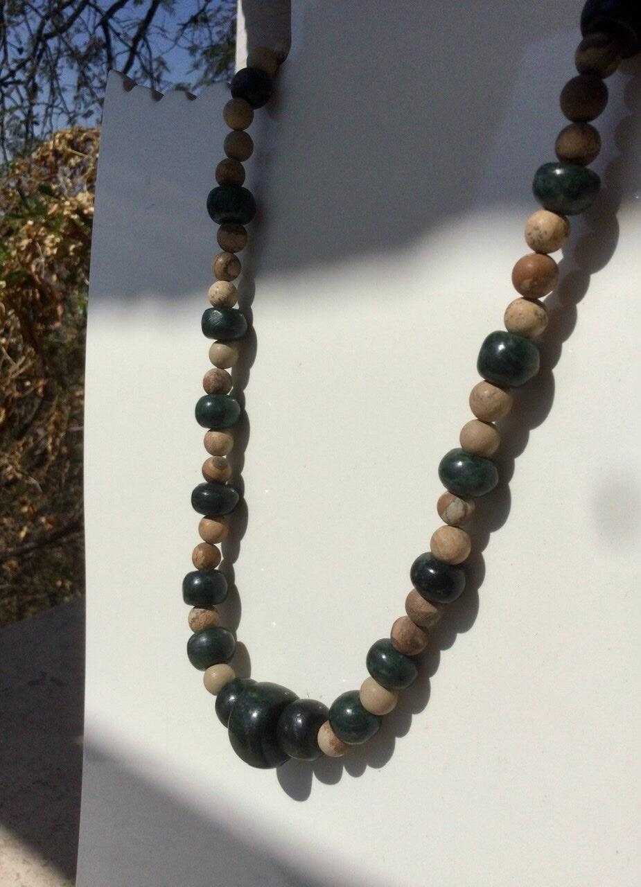 Dark Green Guatemalan Jade Necklace - Mayan Jewelry with Petrified Wood Beads, Handmade Gemstone Necklace