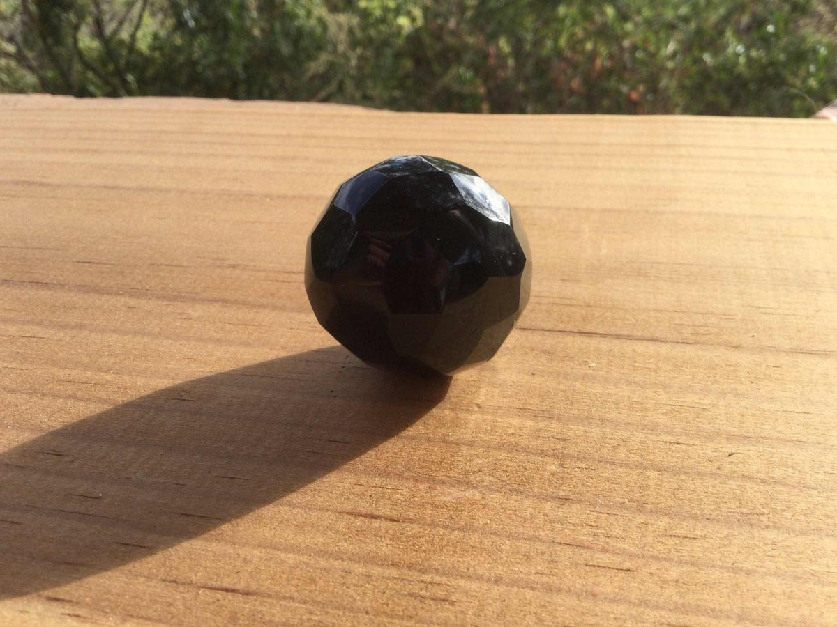 Obsidian Faceted Sphere - Carved Black Stone Crystal, Protective Healing Sculpture