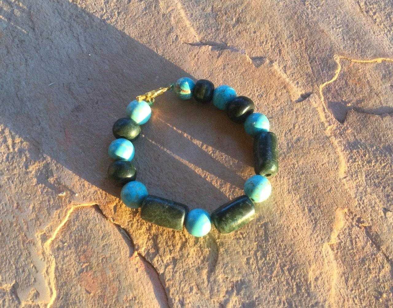 Dark Green Guatemalan Jade Bracelet - Mayan Jewelry with Turquoise Beads