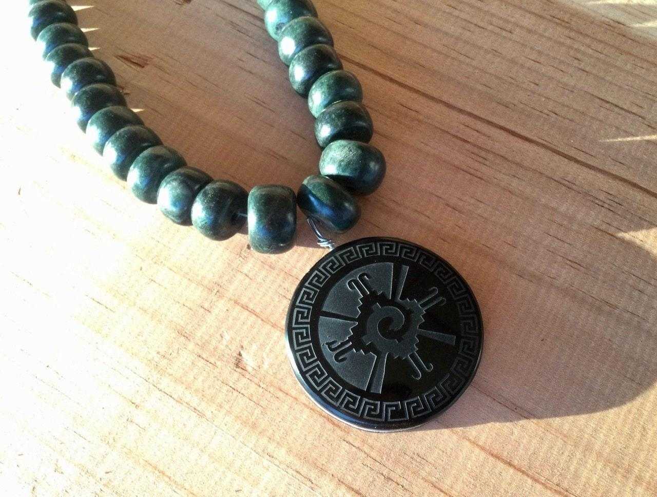 Hunab Ku Obsidian Pendant Necklace - Mayan Jade Beads, Mexican Mayan Jewelry