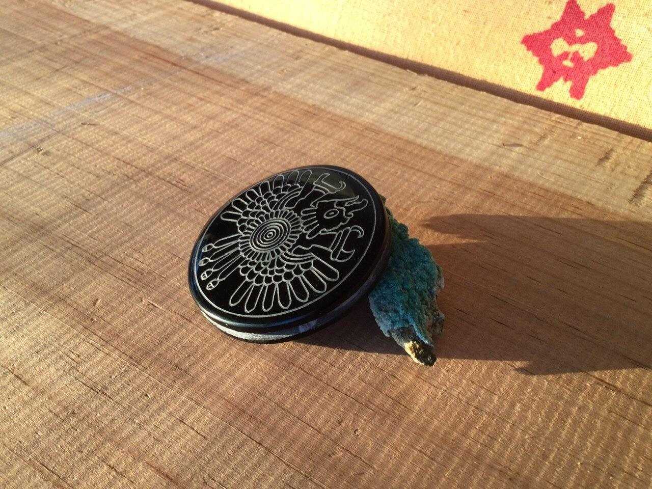aztec eagle pendant black obsidian stone, mexican handcrafte