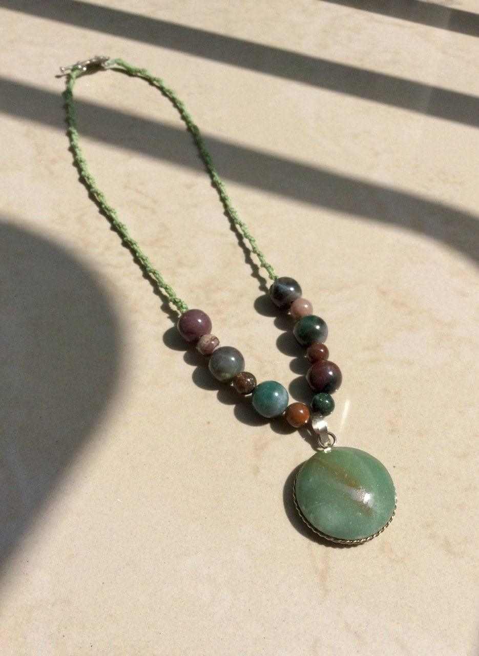 Aventurine pendant necklace petrified wood beads agate beads, Mayan jewelry, Mexican jewel