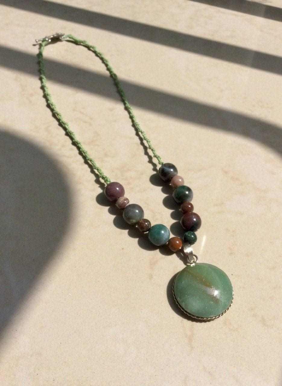 Aventurine pendant necklace petrified wood beads agate beads, Mayan jewelry, Mexican jewel