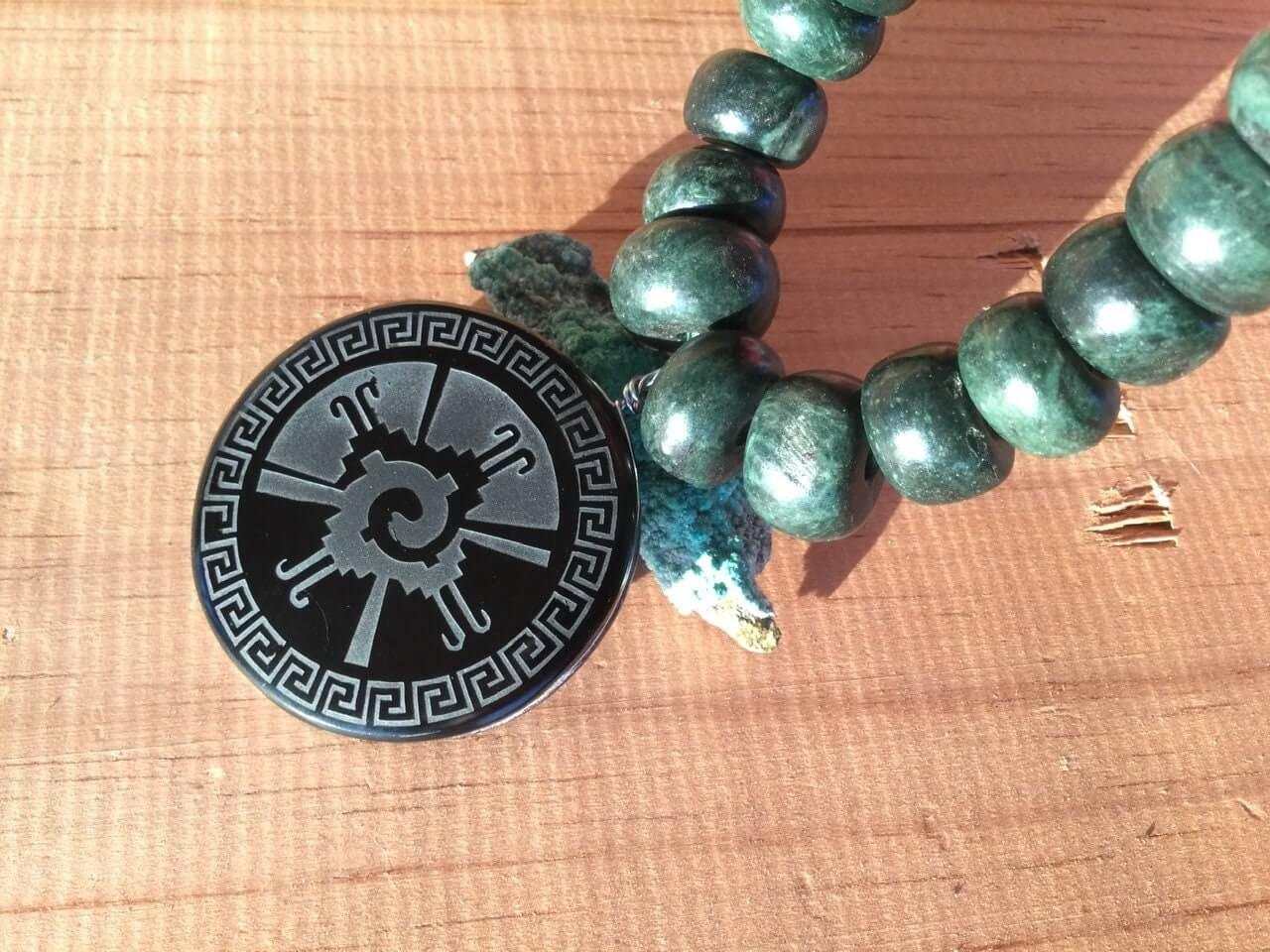 Hunab Ku obsidian pendant Mayan jade beads necklace Guatemalan jade Mexican Mayan Jewelry