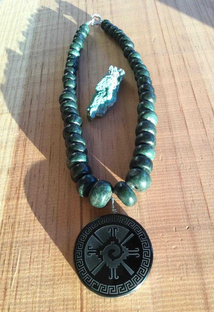 hunab ku obsidian pendant necklace - mayan jade beads jewelry