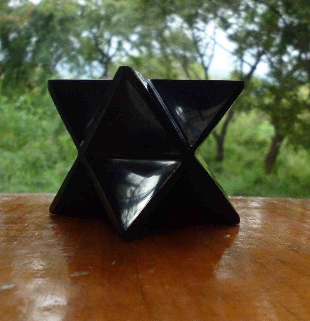 Merkaba Star Crystal - Black Obsidian with Powerful Energy, Handcrafted in Mexico