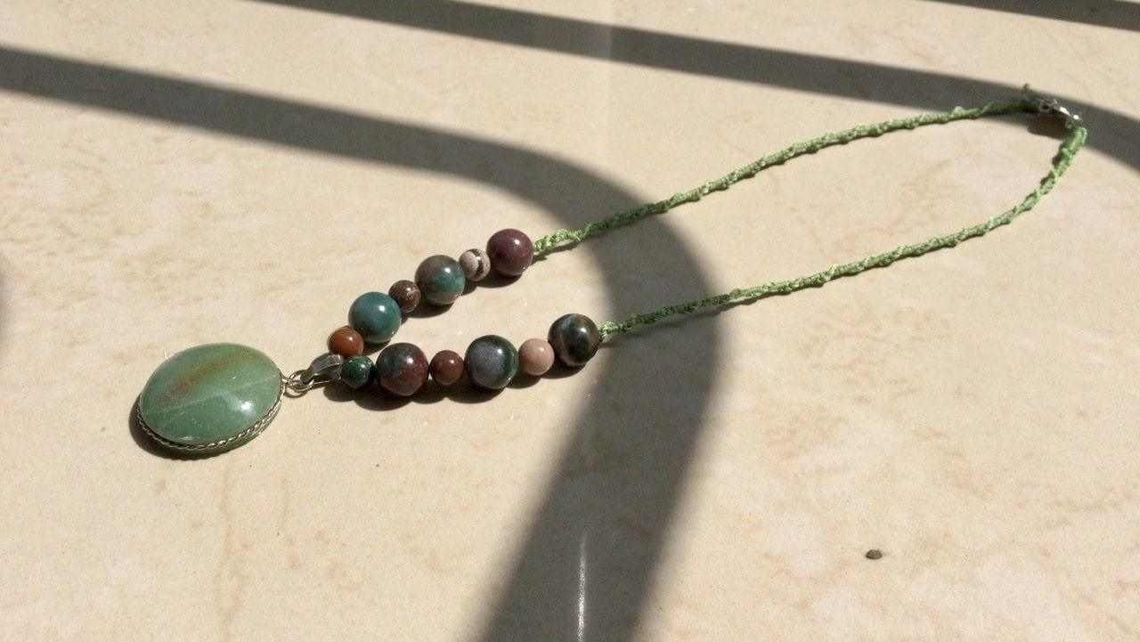 Aventurine pendant necklace petrified wood beads agate beads, Mayan jewelry, Mexican jewel