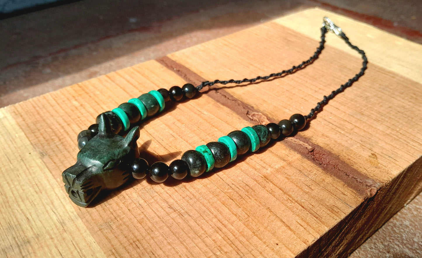 Mexican Dog Xolohcuincle Pendant necklace, Guatemalan jade style, mexican obsidian , turquoise & serpentine stone - Mayan Jewelry, Mexican precolombian Culture