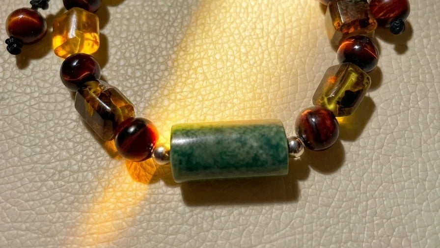 Guatemalan Jade & Mexican Amber Bracelet – Red Tiger Eye & Volcanic Stone | Mayan Jewelry