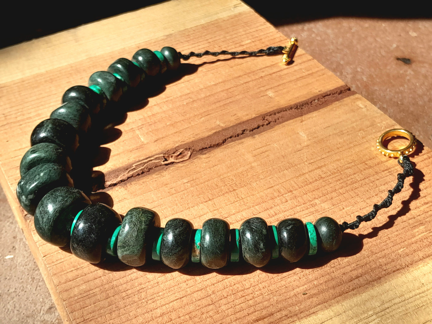 Dark Green Guatemalan Jade style Necklace - Serpentine beads & turquoise disks- Mayan Jewelry with Crescent Beads, Handmade Gemstone Necklace