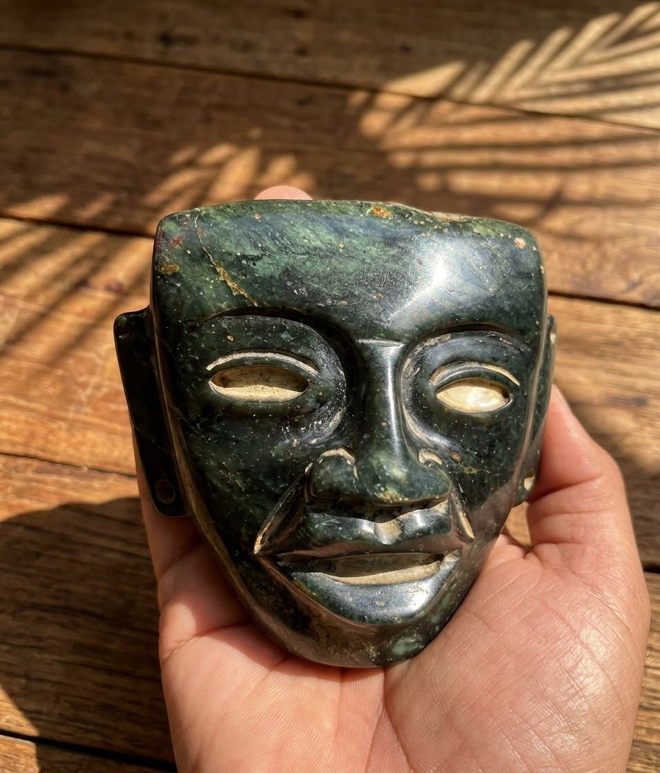 Teotihuacan Head Mask Pendant | Serpentine Stone Guatemalan Jade Style | 10x8cm | Mexican Artisan Sculpture