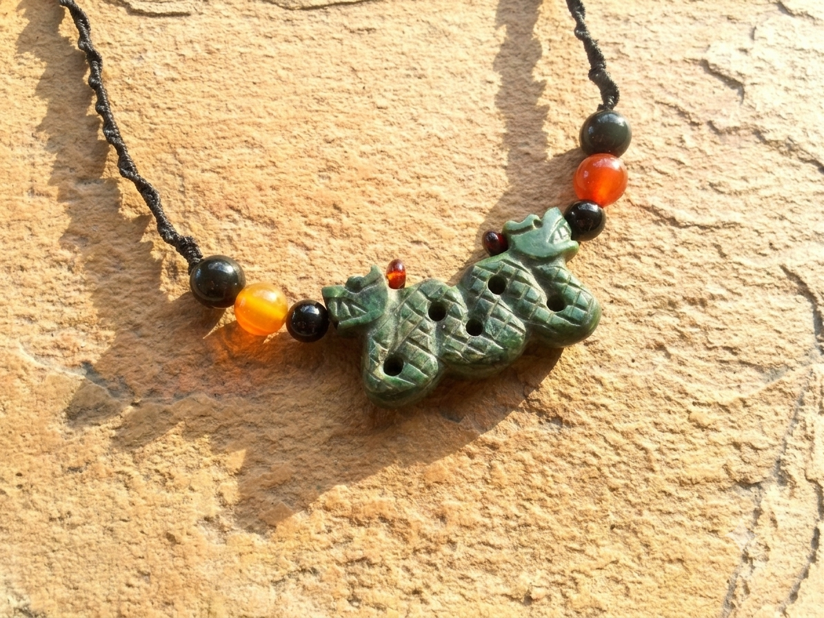 Quetzalcoatl Pendant Necklace | Guatemalan Jade Style Serpentine Stone | Amber, Agate & Obsidian Beads | Mayan Aztec Jewelry