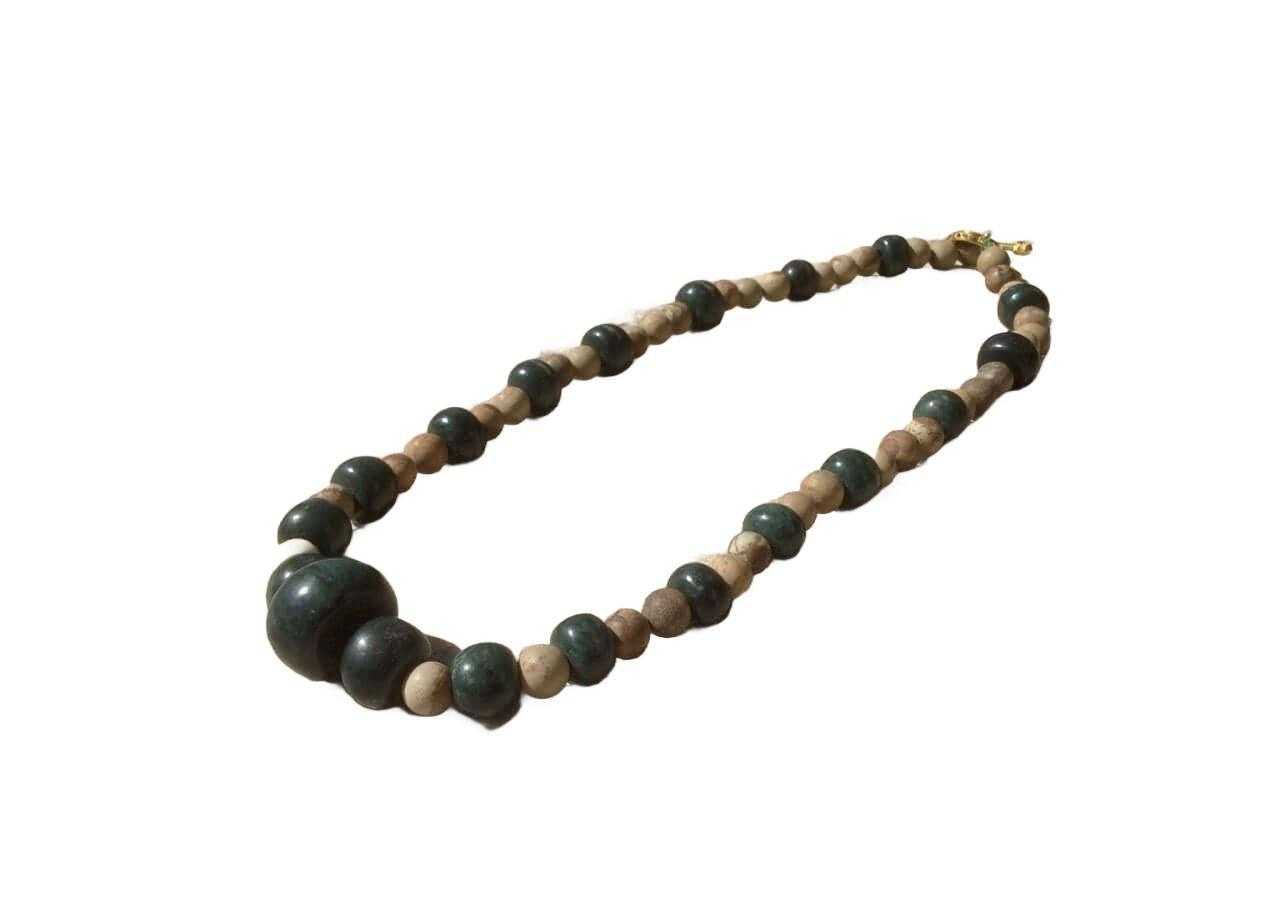 Dark Green Guatemalan Jade Necklace - Mayan Jewelry with Petrified Wood Beads, Handmade Gemstone Necklace