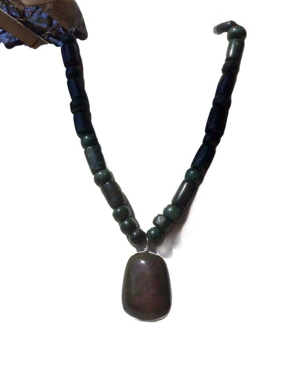 Velvet Obsidian Pendant - Rainbow Obsidian Necklace with Guatemalan Jade Beads, Huichol Jewelry