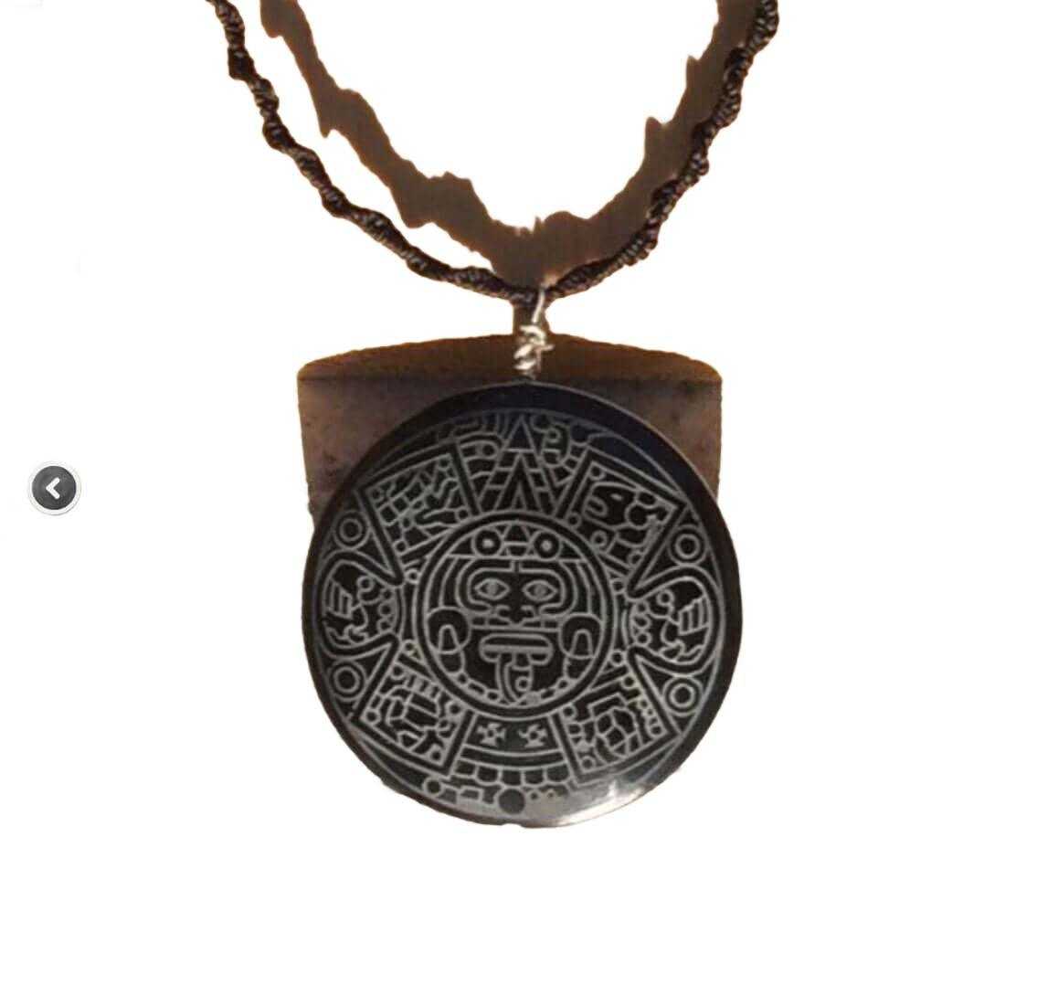 Aztec Calendar Obsidian Pendant - Handcrafted Mexican Jewelry in Black Stone