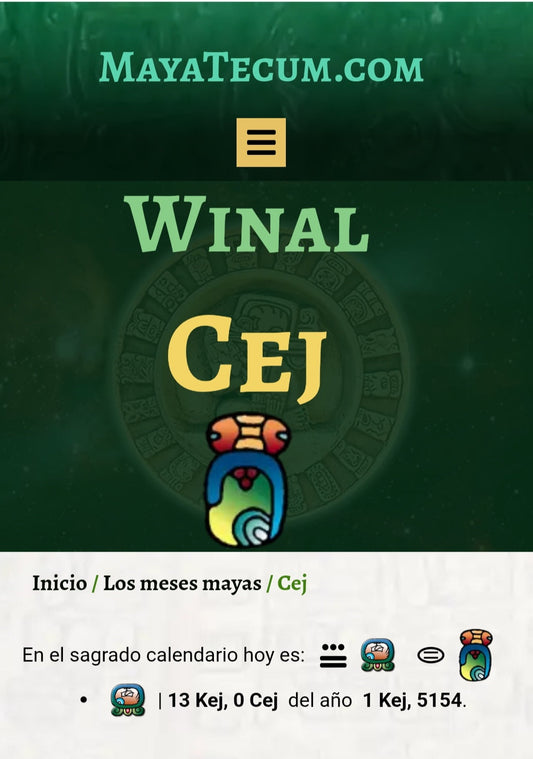 Captura de MayaTecum.com con el título Winal CEJ y un símbolo maya