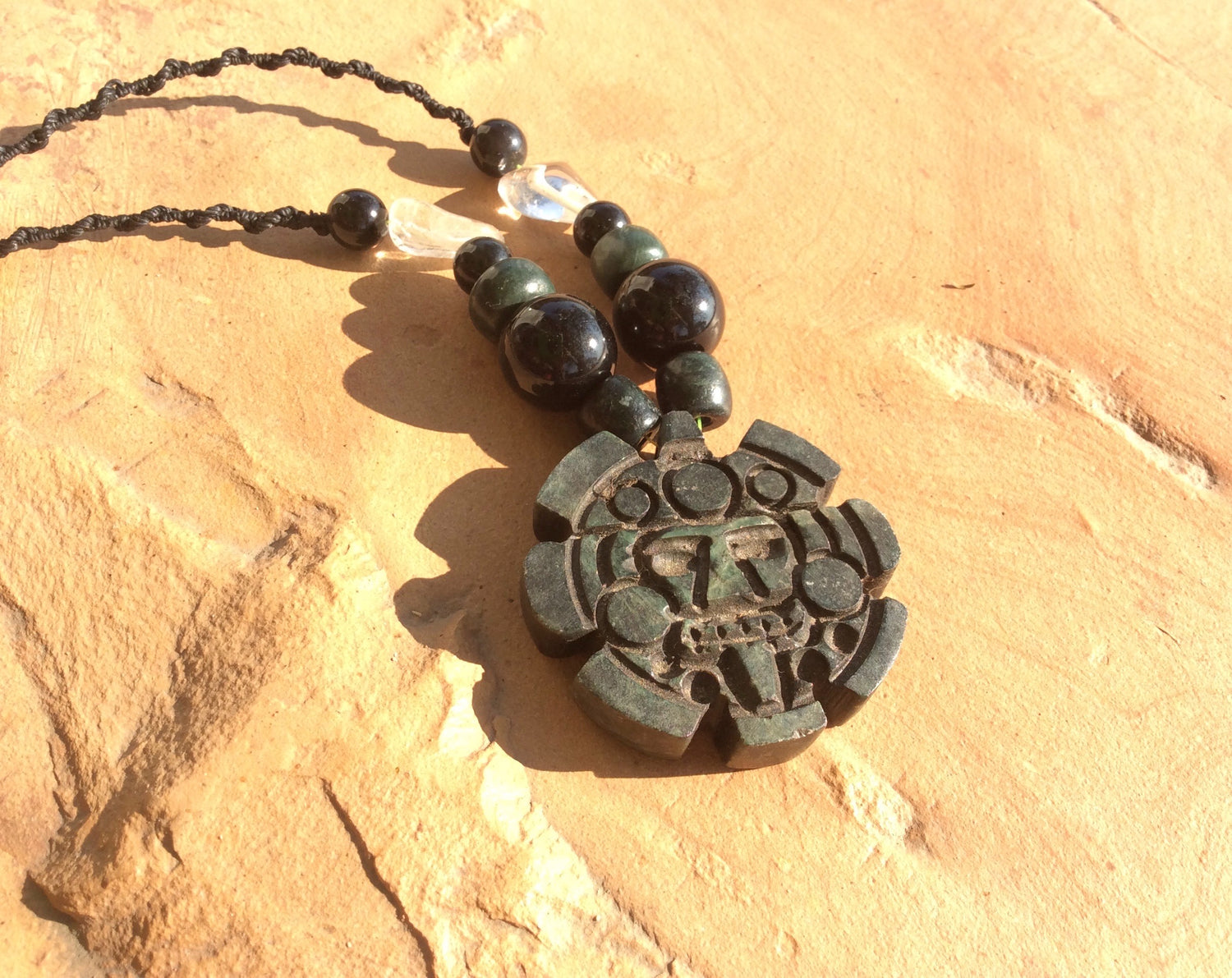 Aztec Jewelry - Stones & Obsidian Crystal- Mexican Precolombian Style