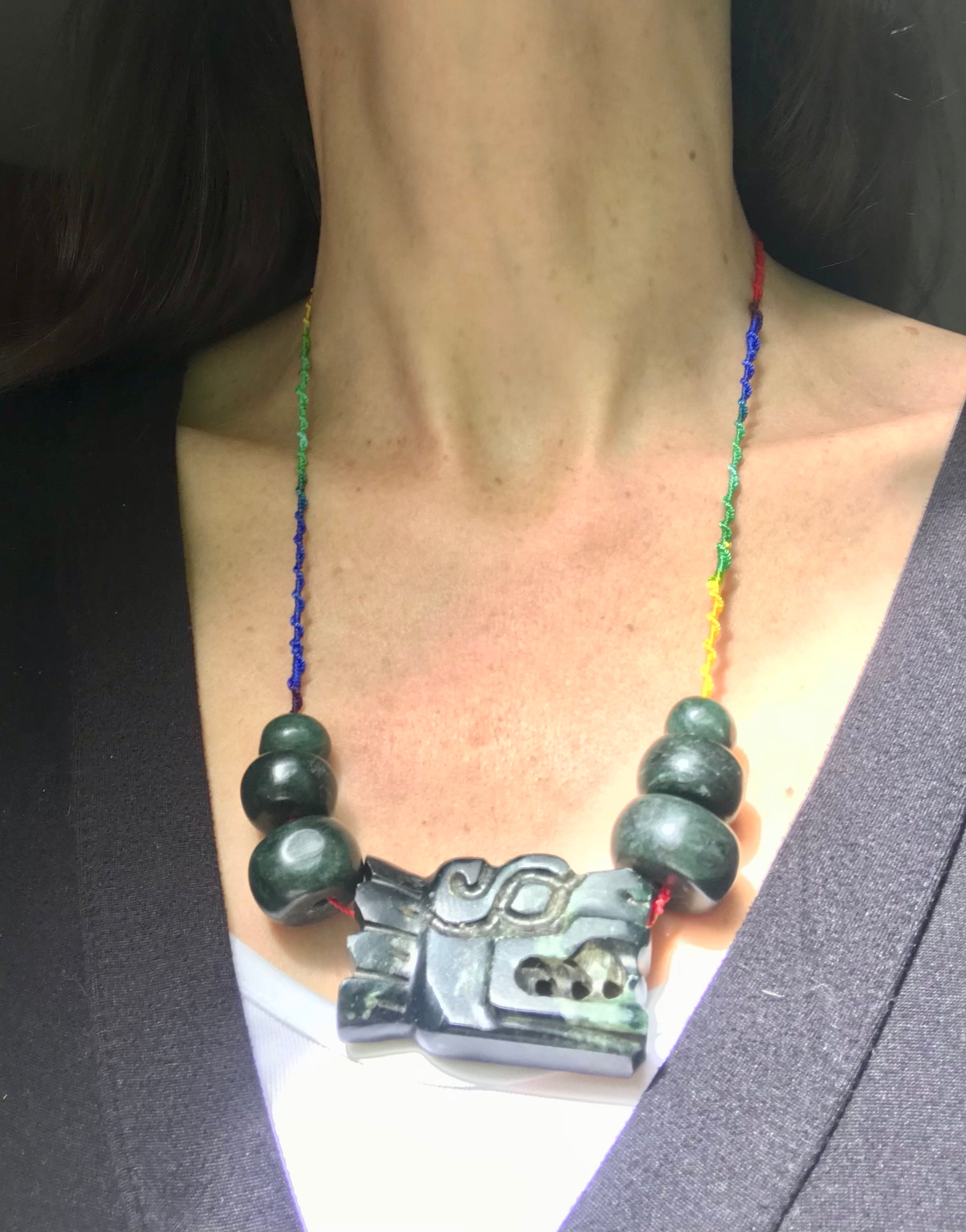 Quetzalcóatl, Kukulkan, feathered snake  pendant like ancient Guatemalan jade style, serpentine stone and green macramé necklace, Aztec Mayan jewelry precolombian style