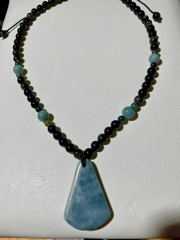 Authentic Guatemalan Jade Pendant Necklace with silver obsidian & Agate Moss beads - Mayan Mexican Jewelry gemstones