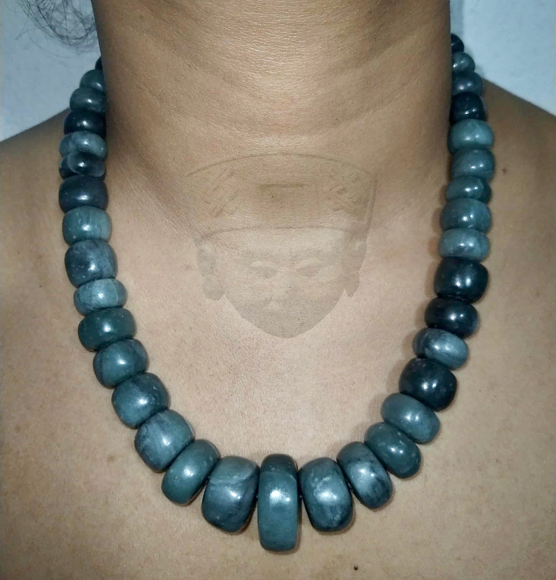 Guatemalan Blue Jade crescent beads necklace - artisanal craftsmanship- mayan precolombian style 