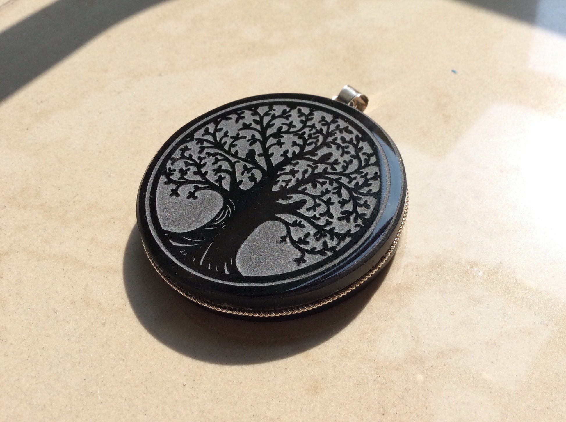 Tree pendant engraved black obsidian stone- Genuine Mexican Obsidian jewelry supplies 