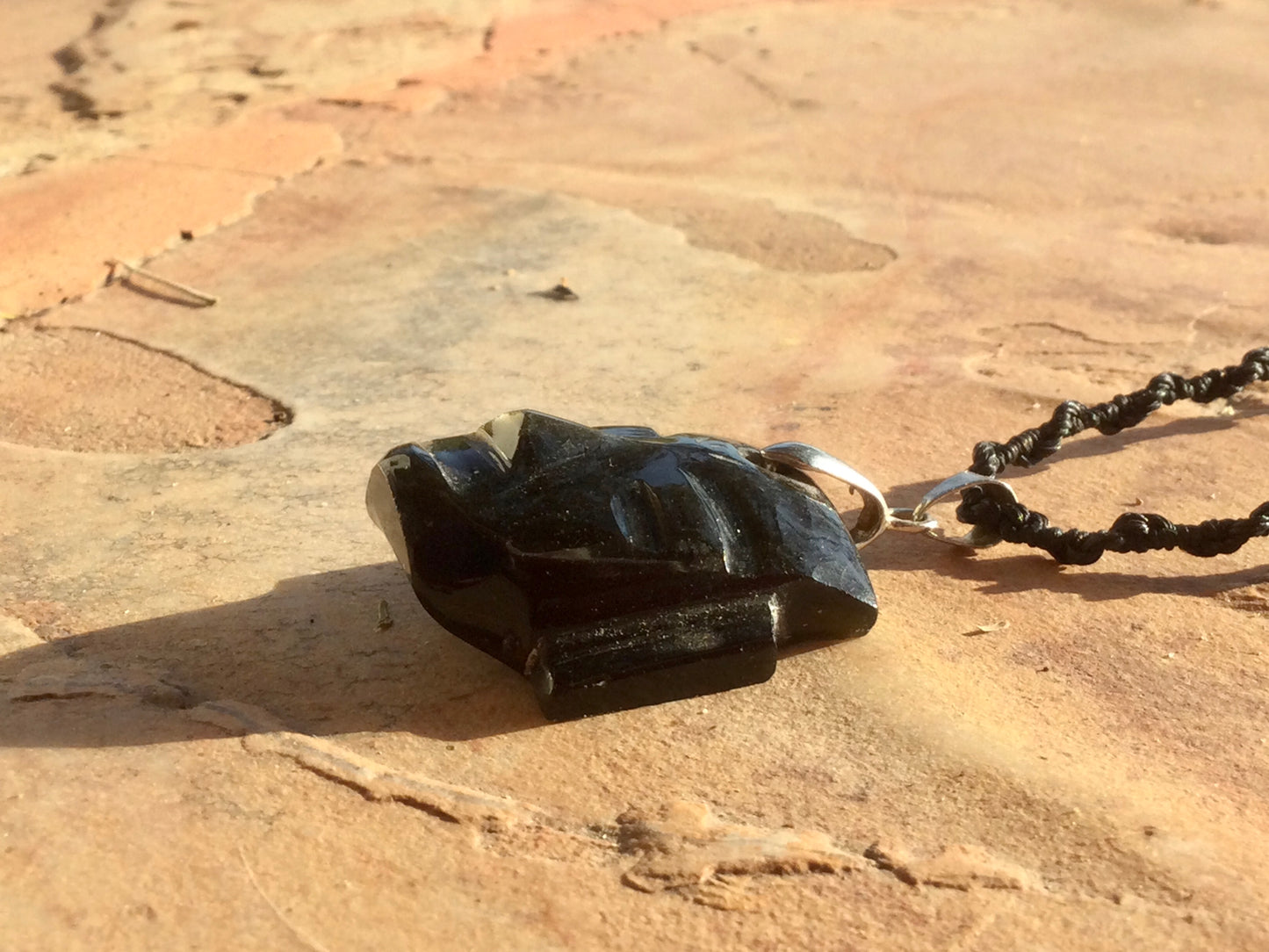 Teotihuacan Head Mask Pendant carved in Golden Obsidian stone - Mexican Necklace Precolombian Jewelry