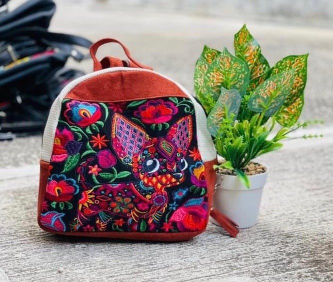 Flowers of Mexico : Embroidered mini backpack Handmade Bag Dog