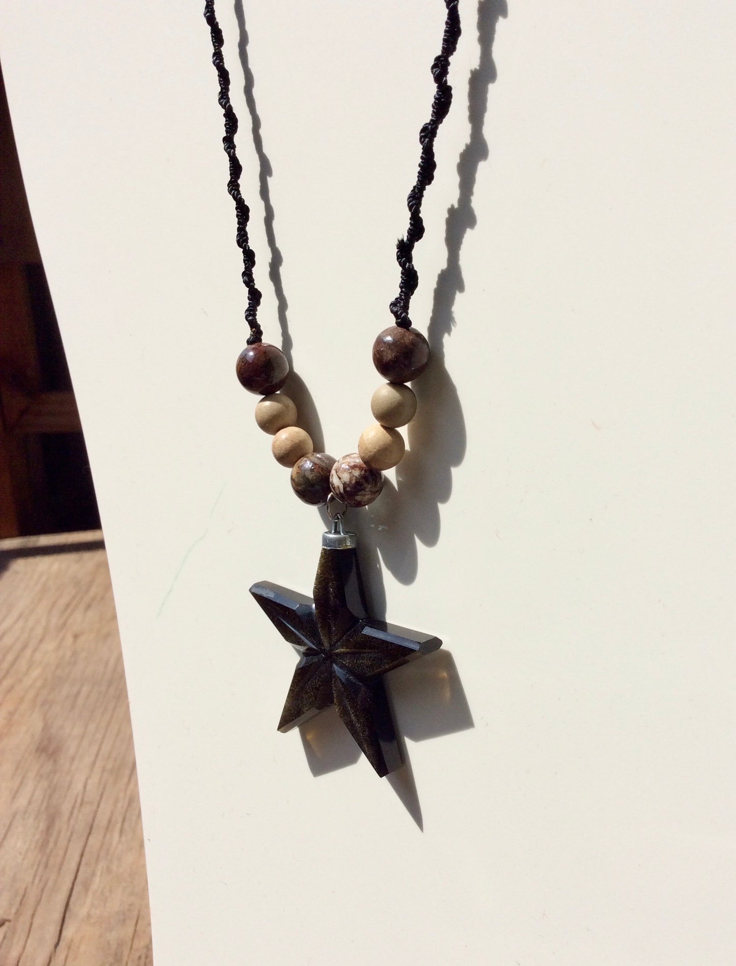 Star Pendant Golden Obsidian Necklace with Amber, petrified wood beads, Mexican Obsidian Jewelry