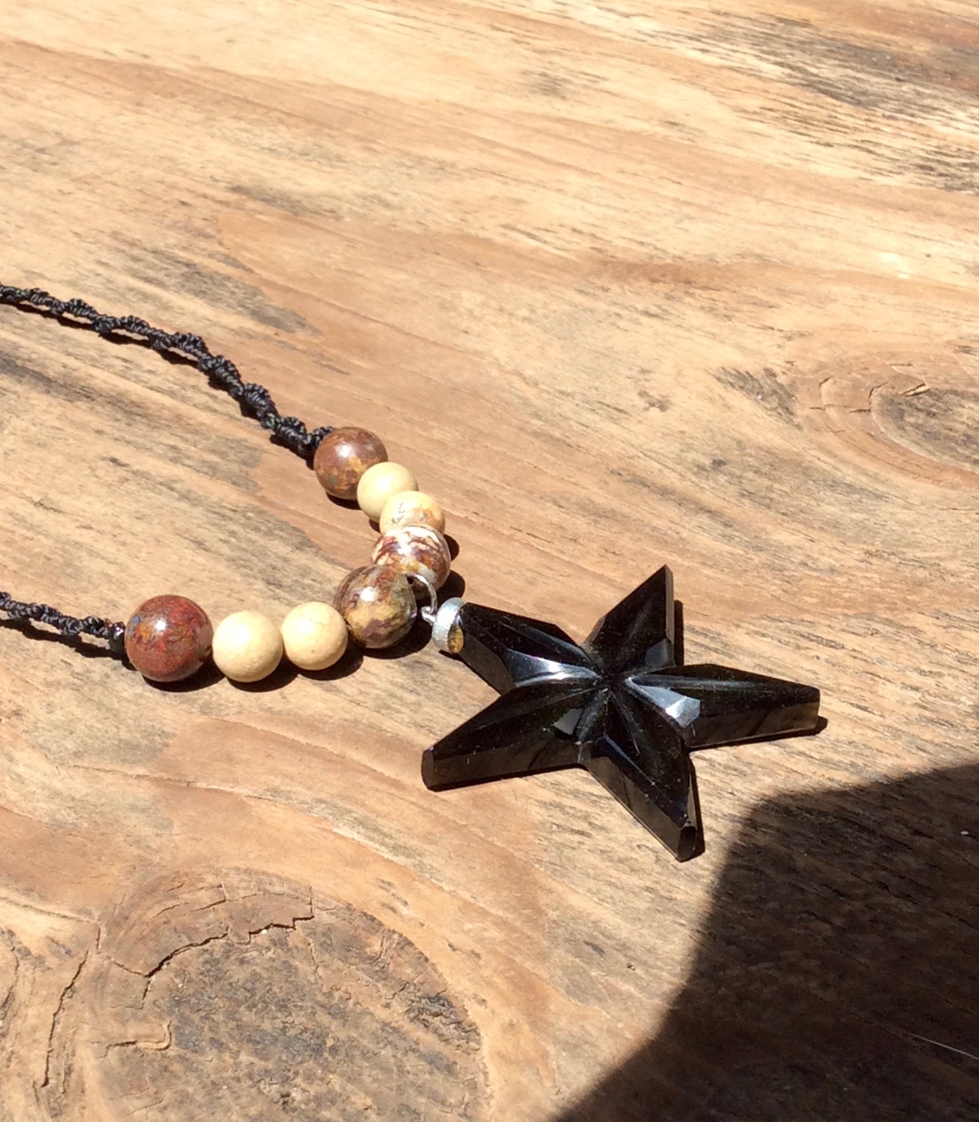 Star Pendant Golden Obsidian Necklace with Amber, petrified wood beads, Mexican Obsidian Jewelry