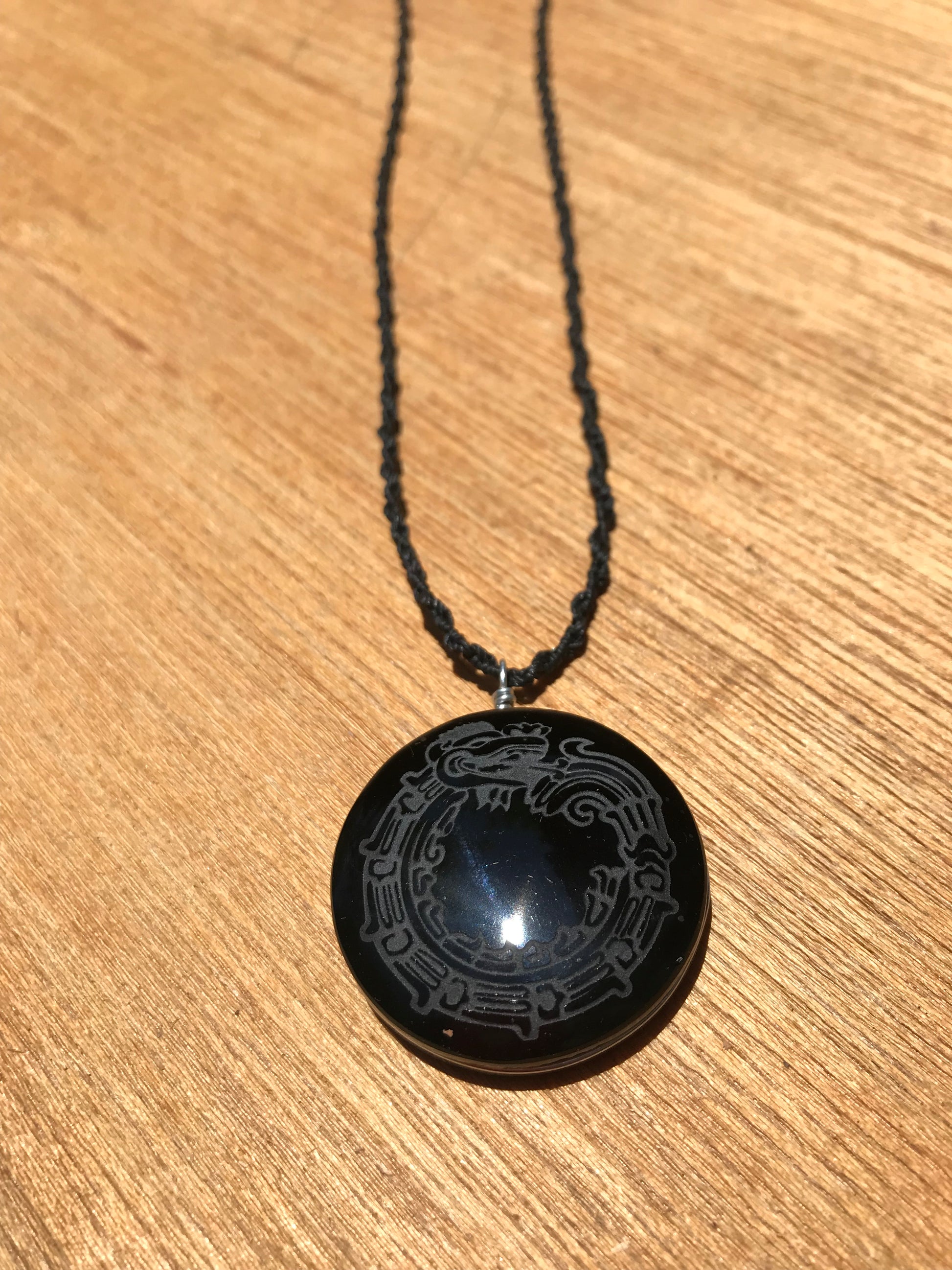 Quetzalcoatl, Kukulkan, Feathered serpent Pendant crystal black obsidian, Mexican prehispanic Precolombian jewelry