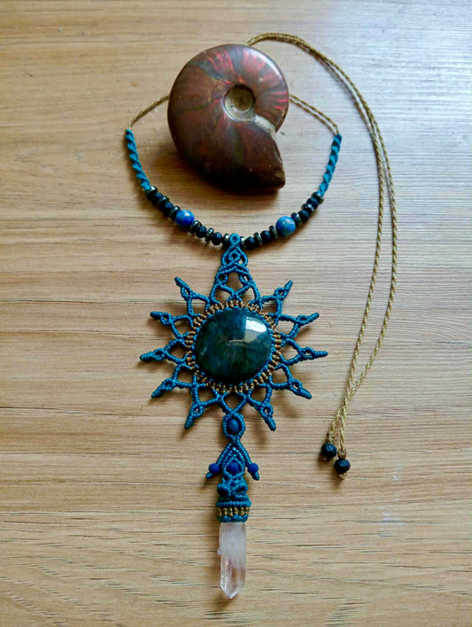 Blue Macramé necklace with velvet Obsidian pendant & crystal Quartz  - Mexican Handmade - Protection, revelation & purification