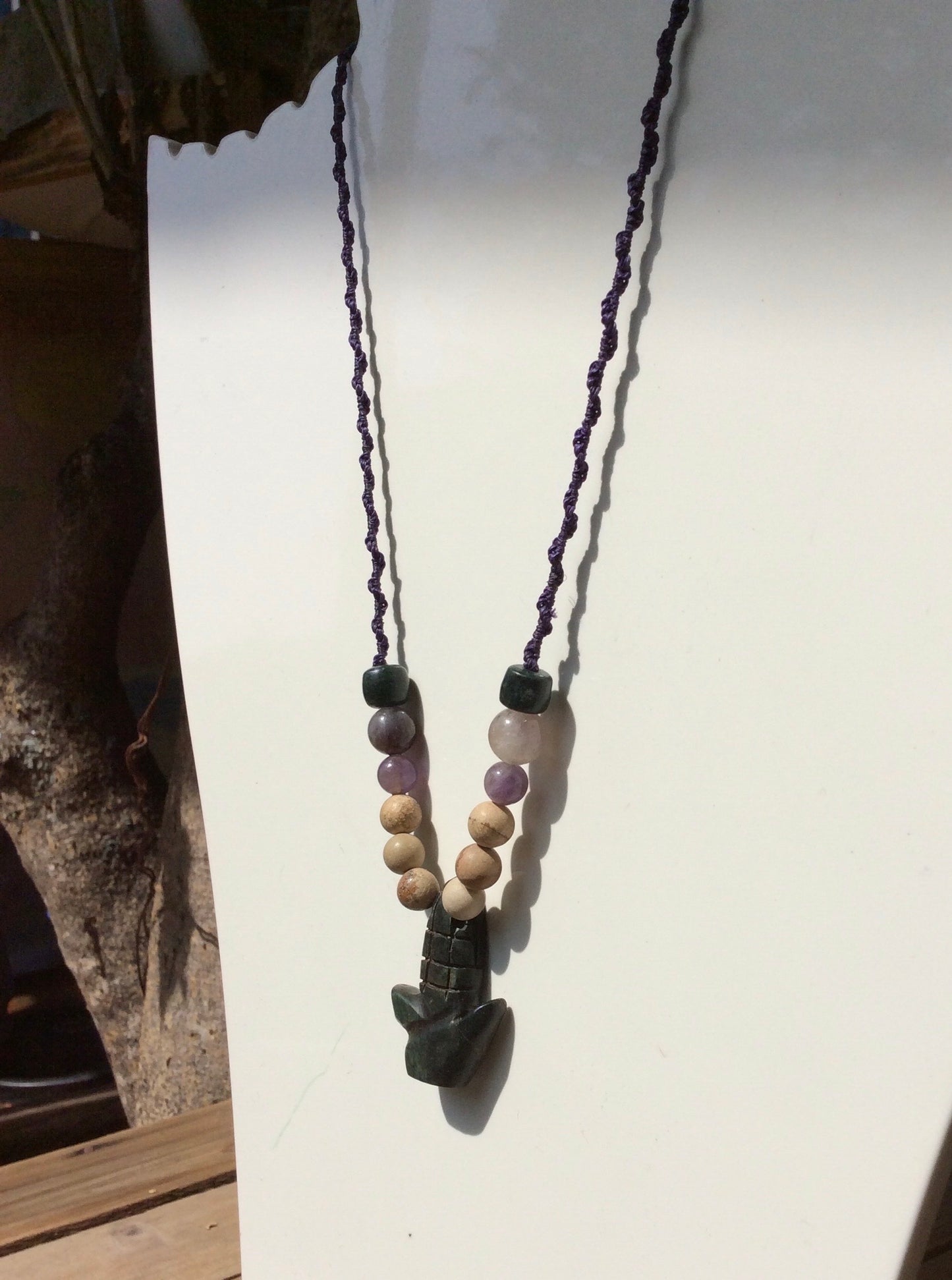 Corn Plant stone pendant, Guatemalan jade Style, serpentine stone necklace and petrified wood beads, amethyst, Mexican Nature jewelry