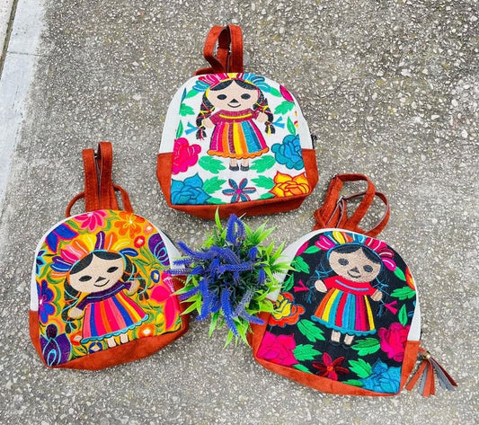 Flowers of Mexico : Embroidered mini backpack Handmade Bag Doll