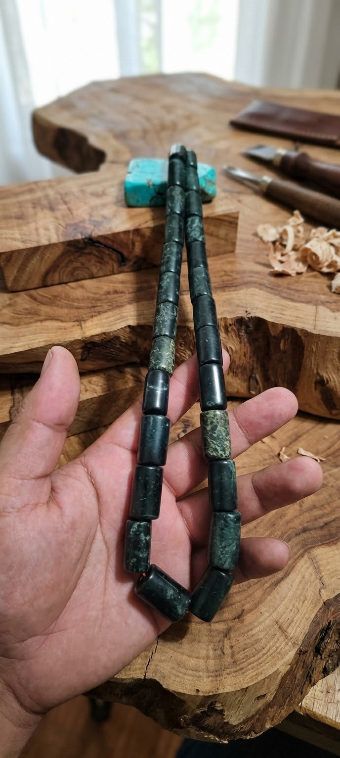 Guatemalan Jade Style Serpentine Stone tubes beads Necklace | Mayan Pre-Columbian Jewelry