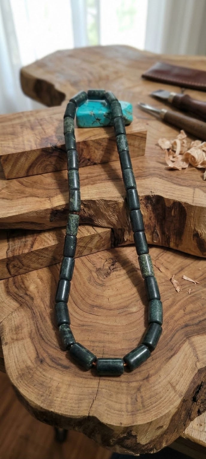 Guatemalan Jade Style Serpentine Stone tubes beads Necklace | Mayan Pre-Columbian Jewelry