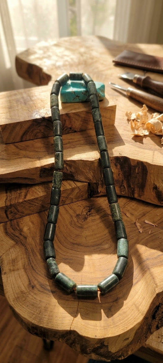 Guatemalan Jade Style Serpentine Stone tubes beads Necklace | Mayan Pre-Columbian Jewelry