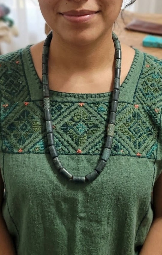 Guatemalan Jade Style Serpentine Stone tubes beads Necklace | Mayan Pre-Columbian Jewelry