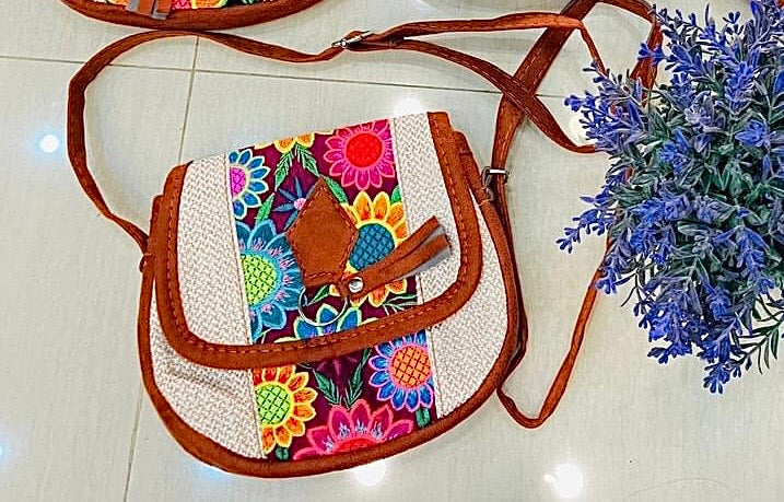 Flowers of Mexico : Embroidered Handmade  white Pear Bag