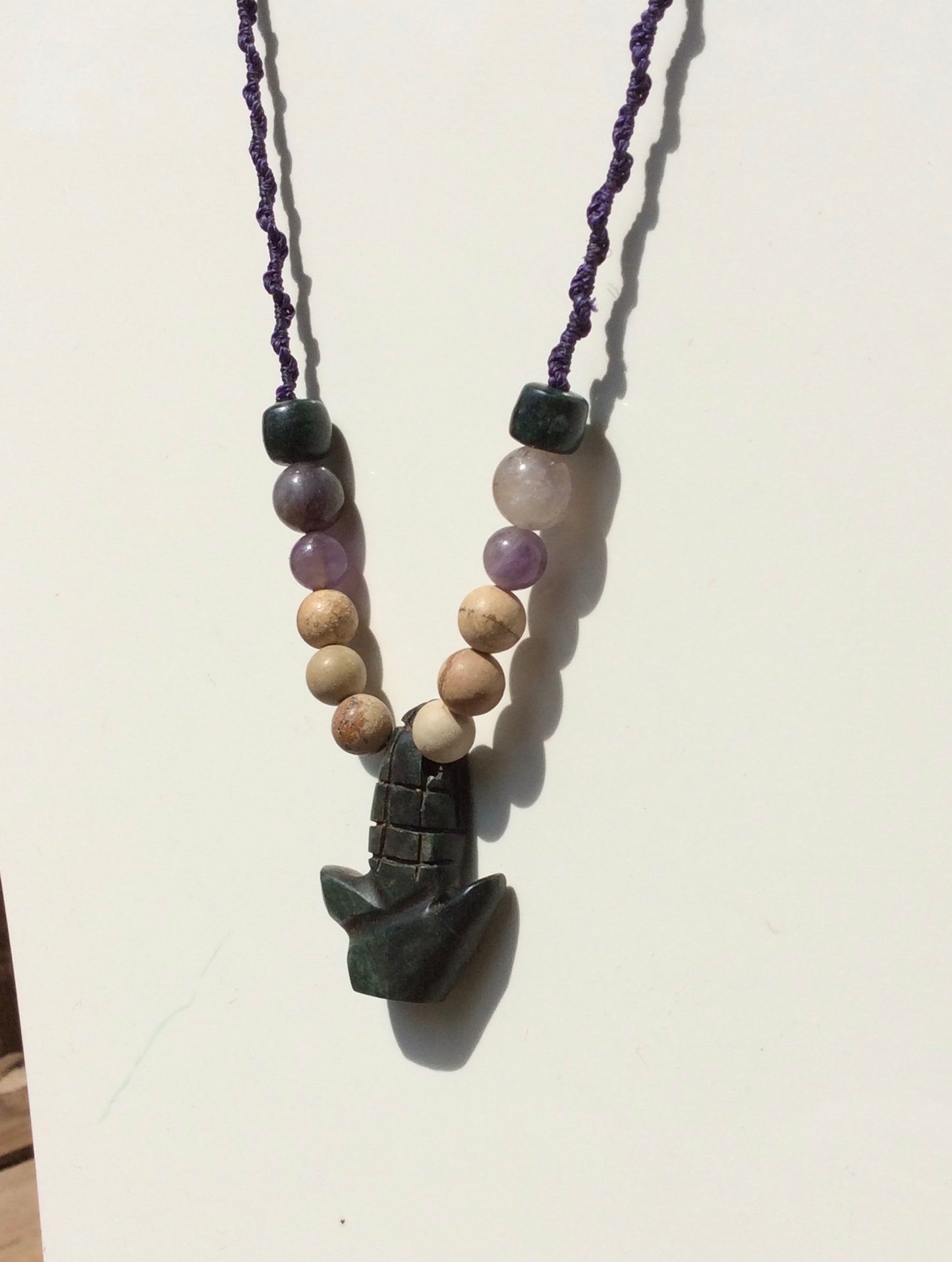 Corn Plant stone pendant, Guatemalan jade Style, serpentine stone necklace and petrified wood beads, amethyst, Mexican Nature jewelry