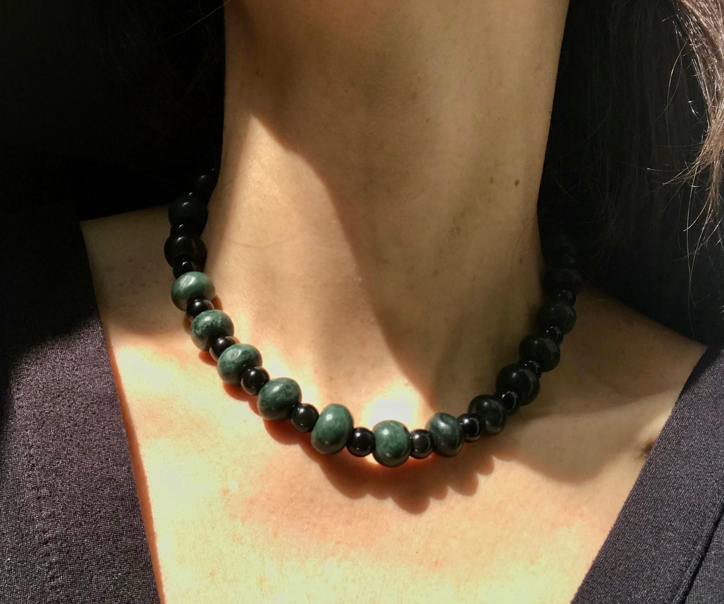 Mayan Jewelry - Guatemalan jade style Set Necklace & Bracelet - Obsidian & serpentine Stones - Precolombian