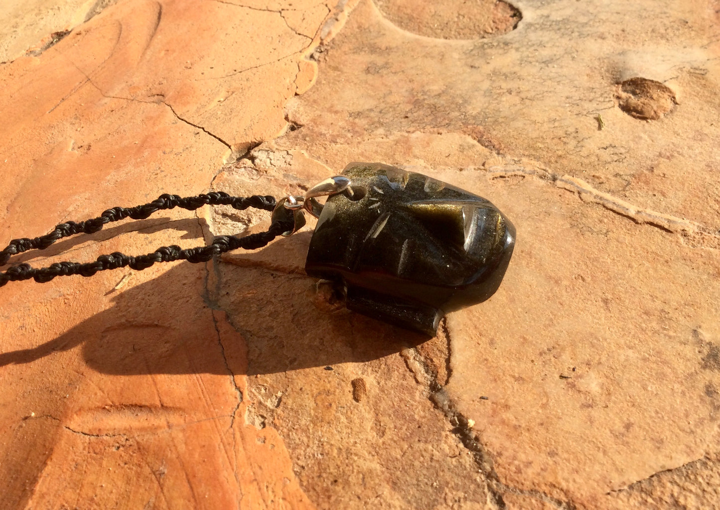 Teotihuacan Head Mask Pendant carved in Golden Obsidian stone - Mexican Necklace Precolombian Jewelry