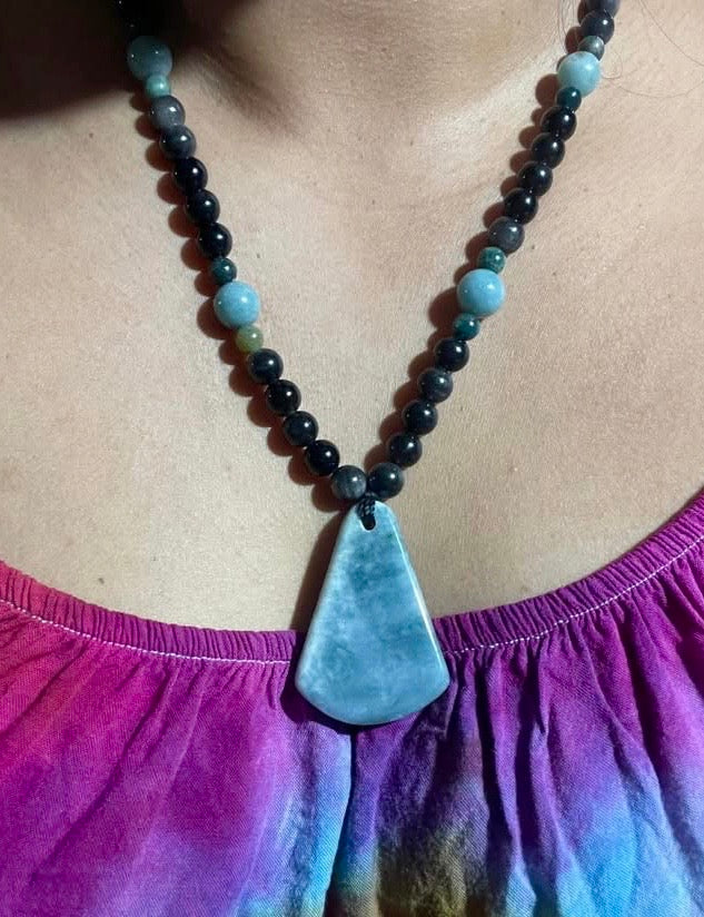 Authentic Guatemalan Jade Pendant Necklace with silver obsidian & Agate Moss beads - Mayan Mexican Jewelry gemstones